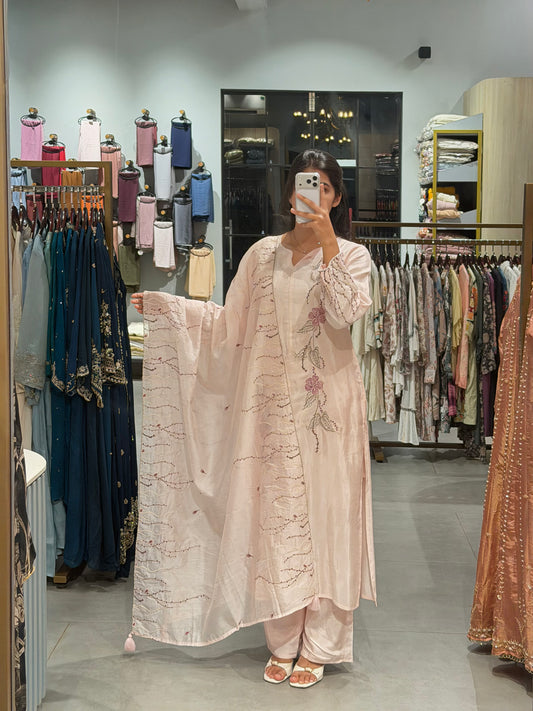 Light Peach Chanderi Floral Embroidered Set