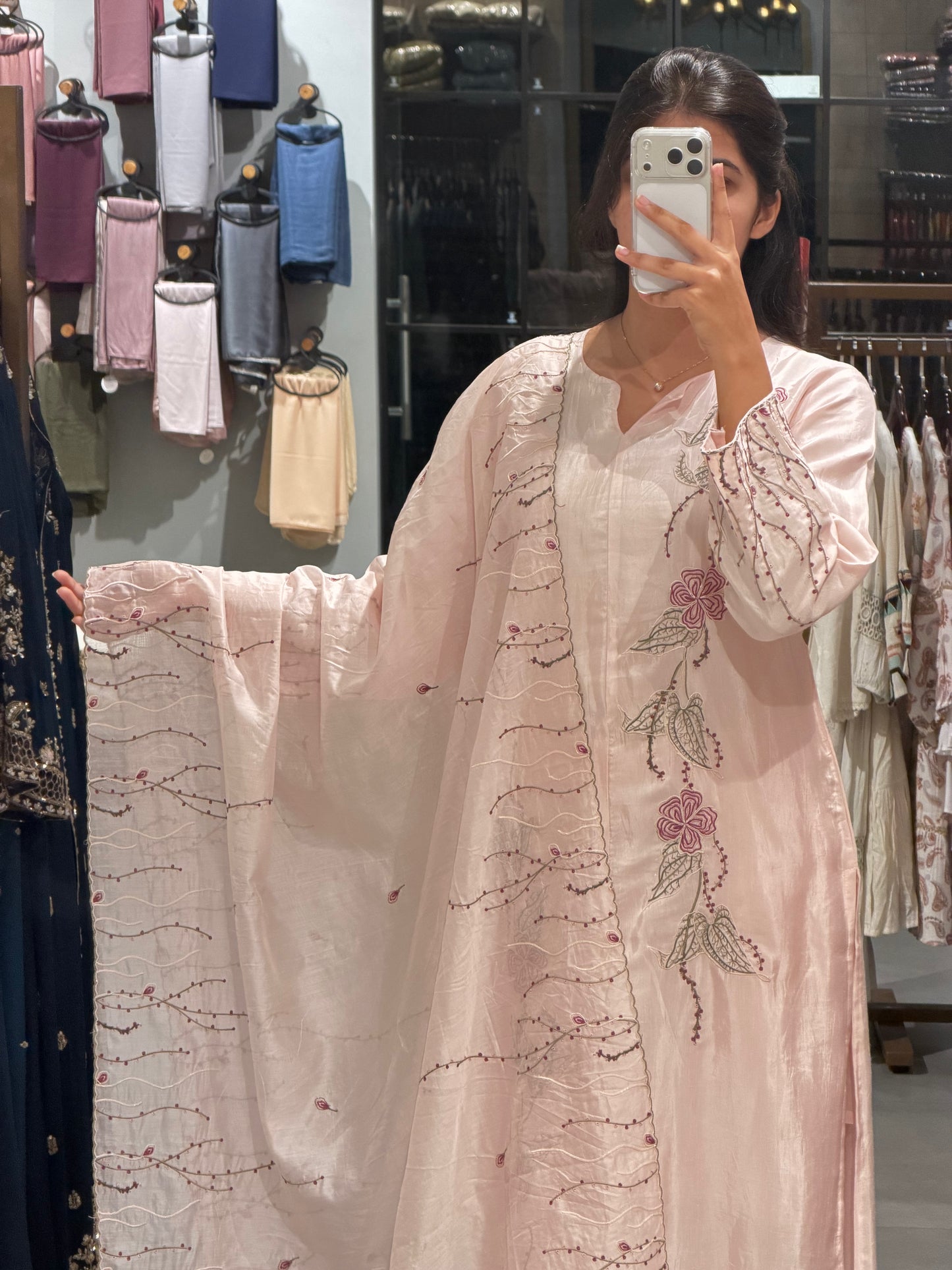 Light Peach Chanderi Floral Embroidered Set