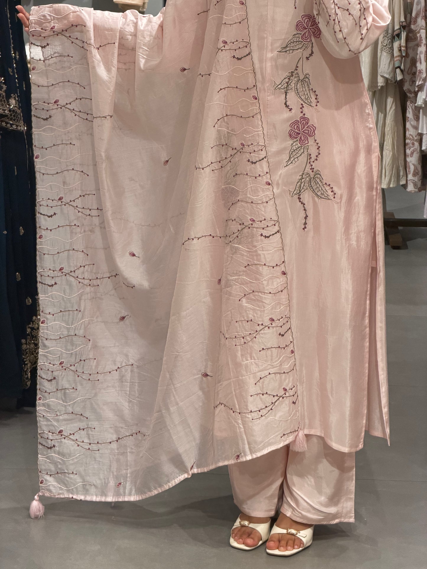 Light Peach Chanderi Floral Embroidered Set