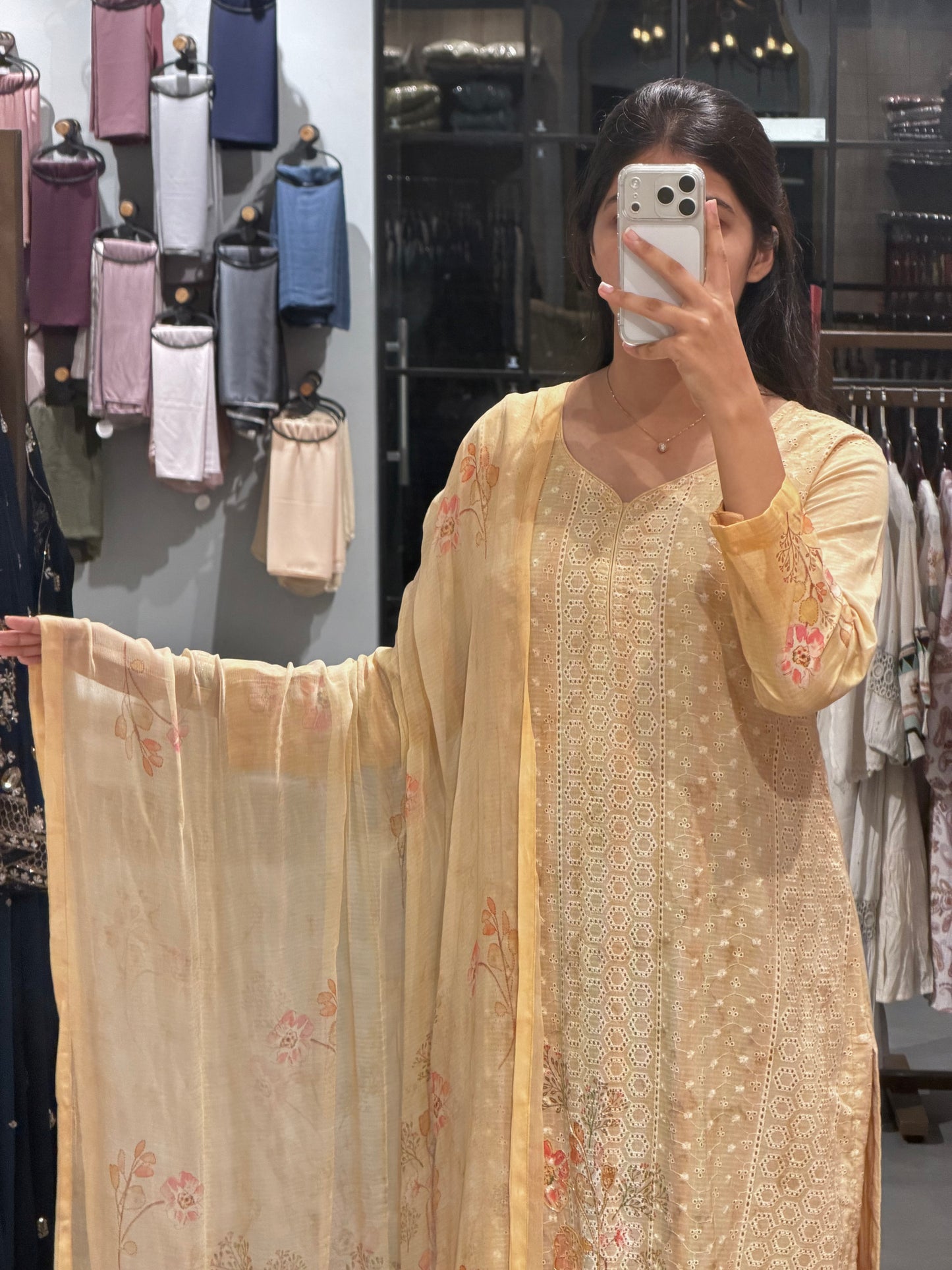 Soft Mustard Chanderi Three-Piece Set