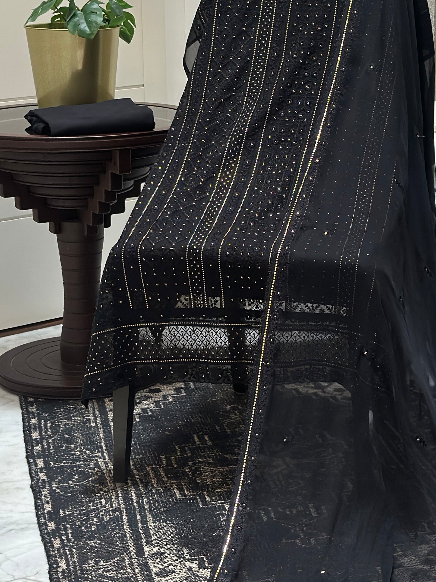 Black Sequin Organza Unstitched Suit Material