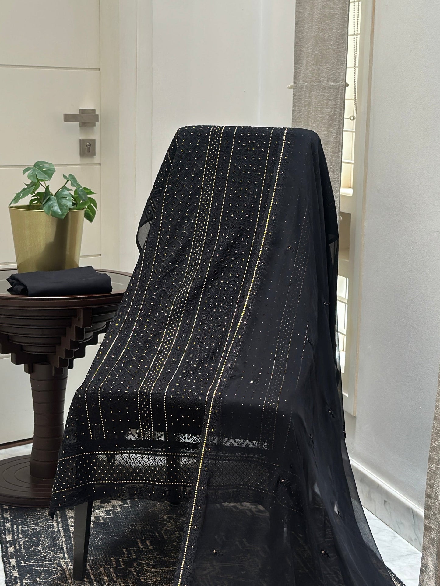 Black Sequin Organza Unstitched Suit Material