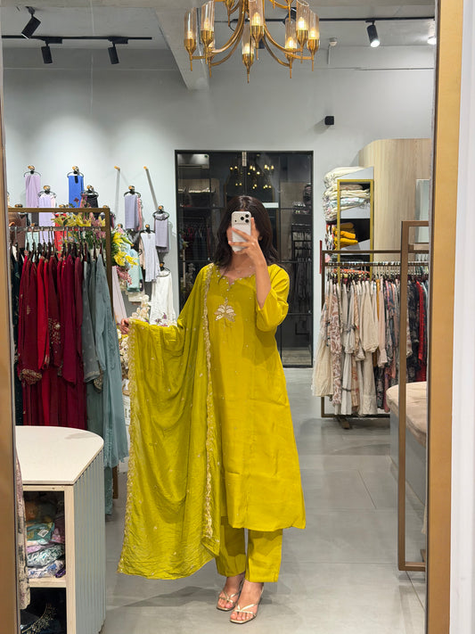 Lime Green Chanderi Embroidered Suit Set