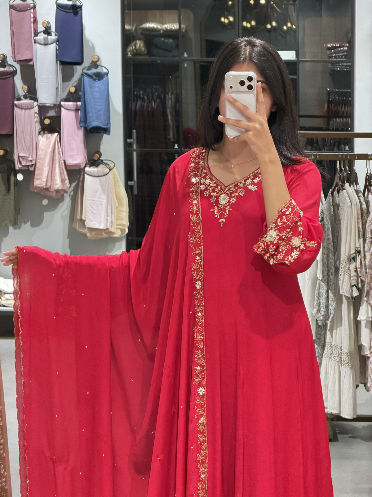 Stone Work Chinnon Silk Anarkali Set