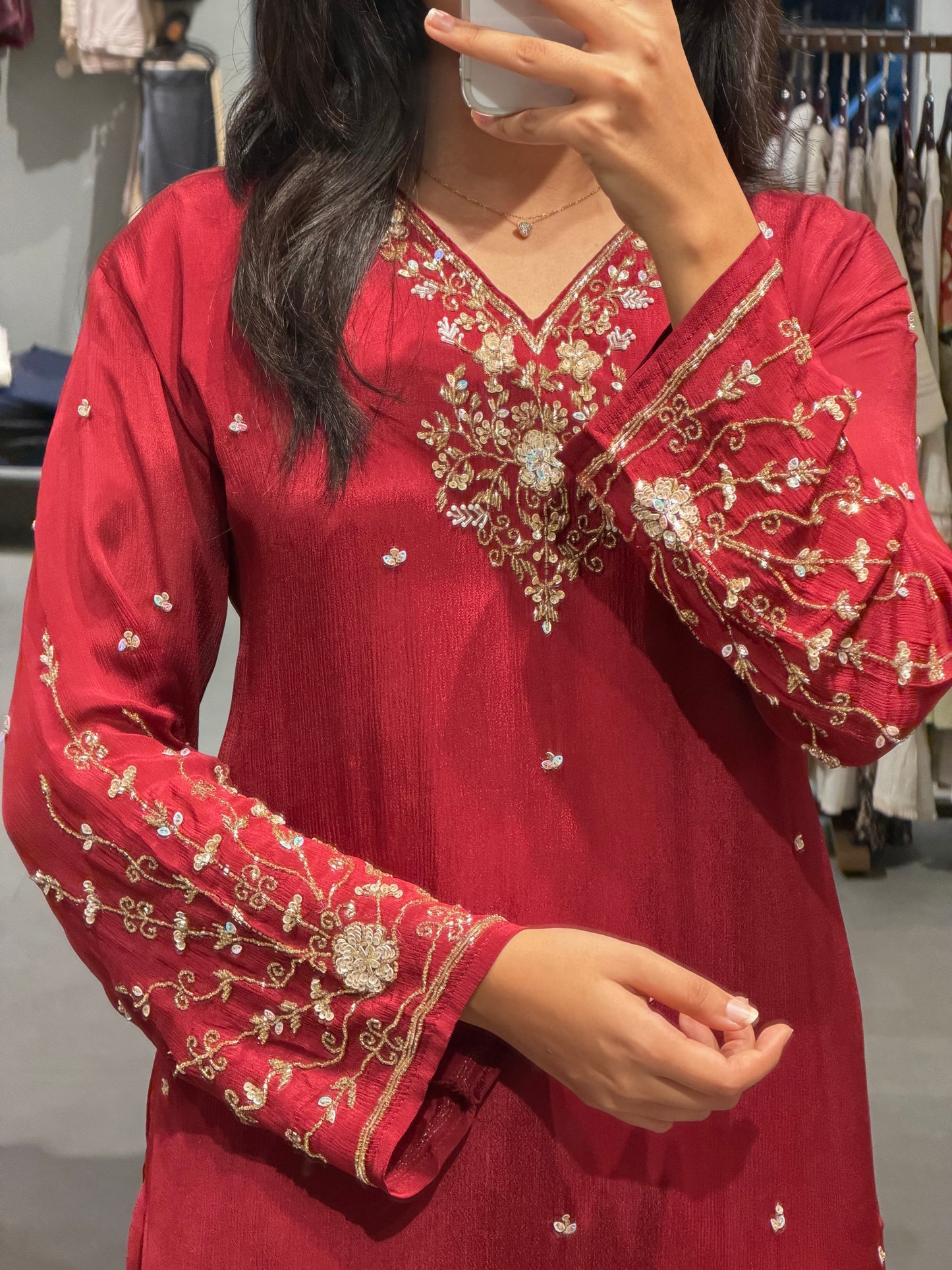 Crimson Red Chinnon Silk Set