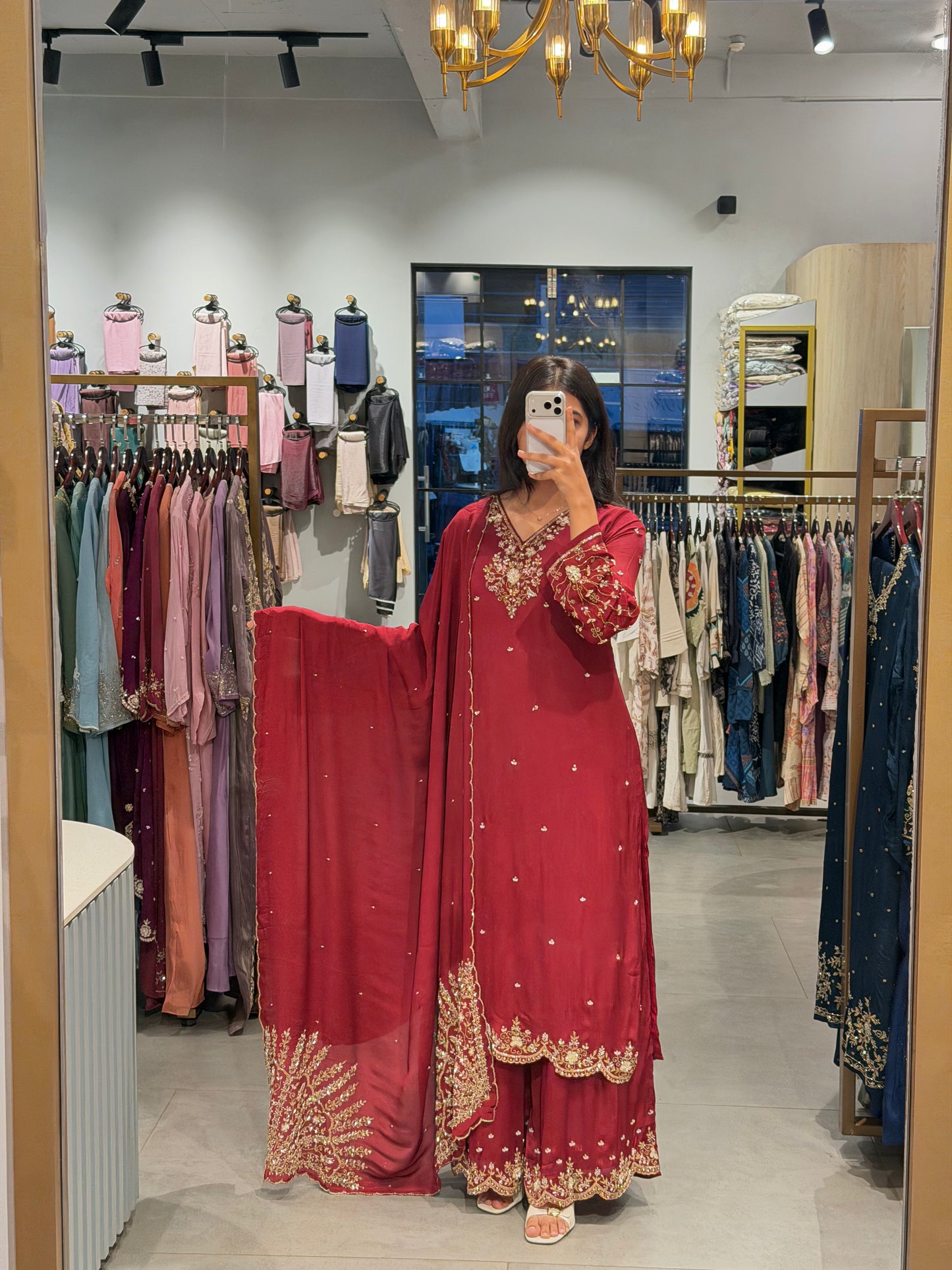 Crimson Red Chinnon Silk Set