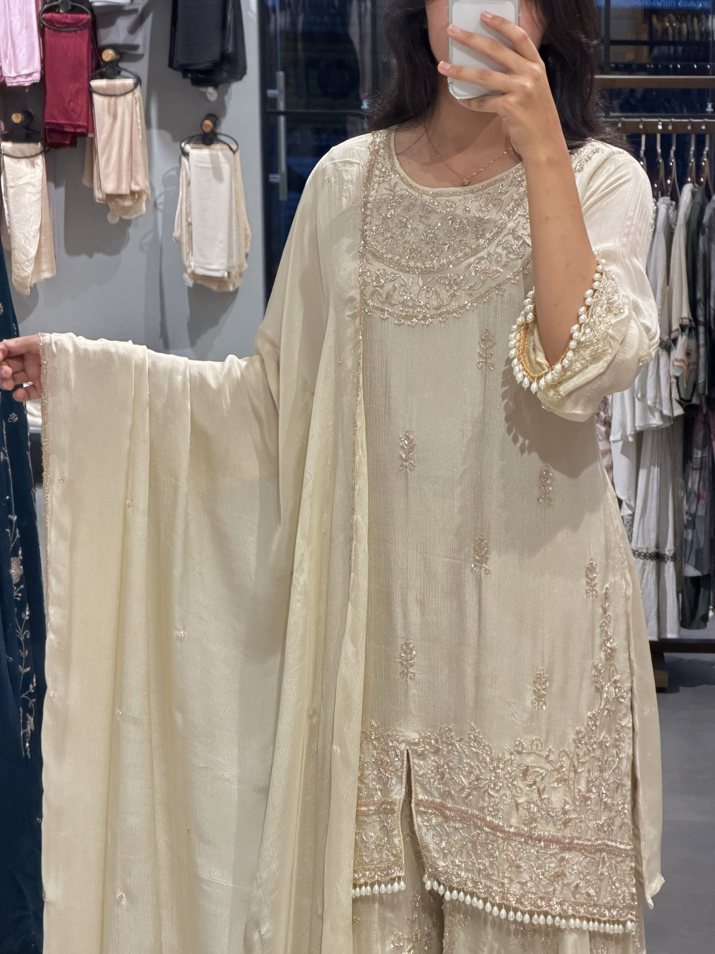 Chinnon Silk Pearl Work Sharara Set with Dupatta