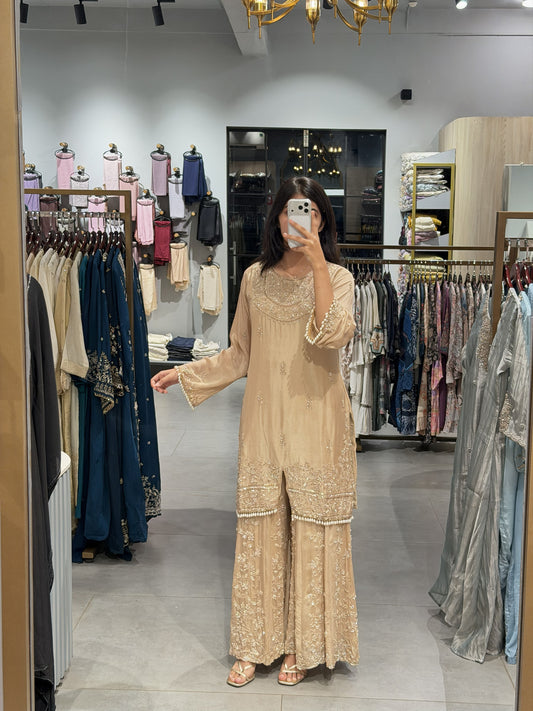 Chinnon Silk Pearl Work Sharara Set with Dupatta