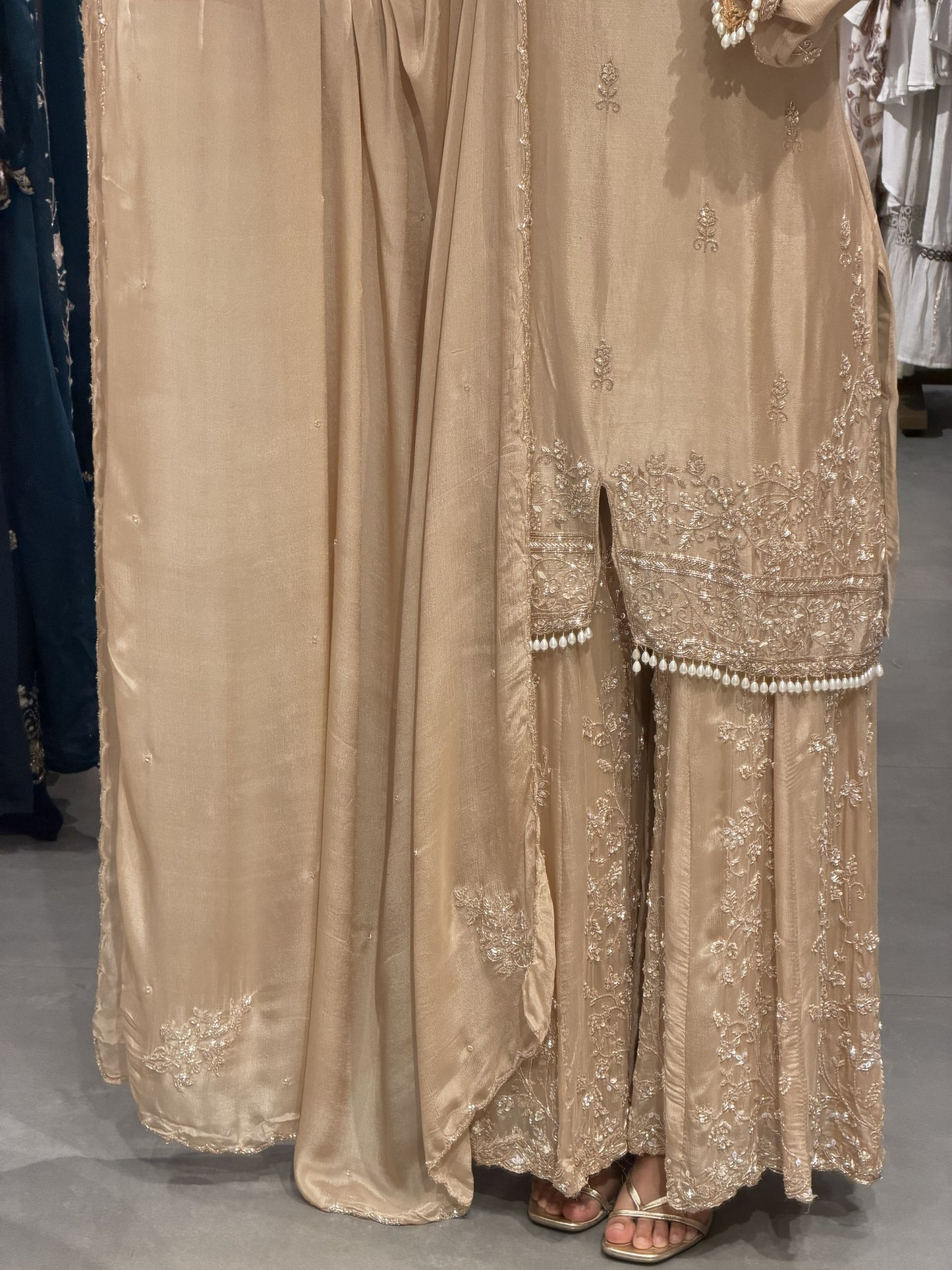 Chinnon Silk Pearl Work Sharara Set with Dupatta