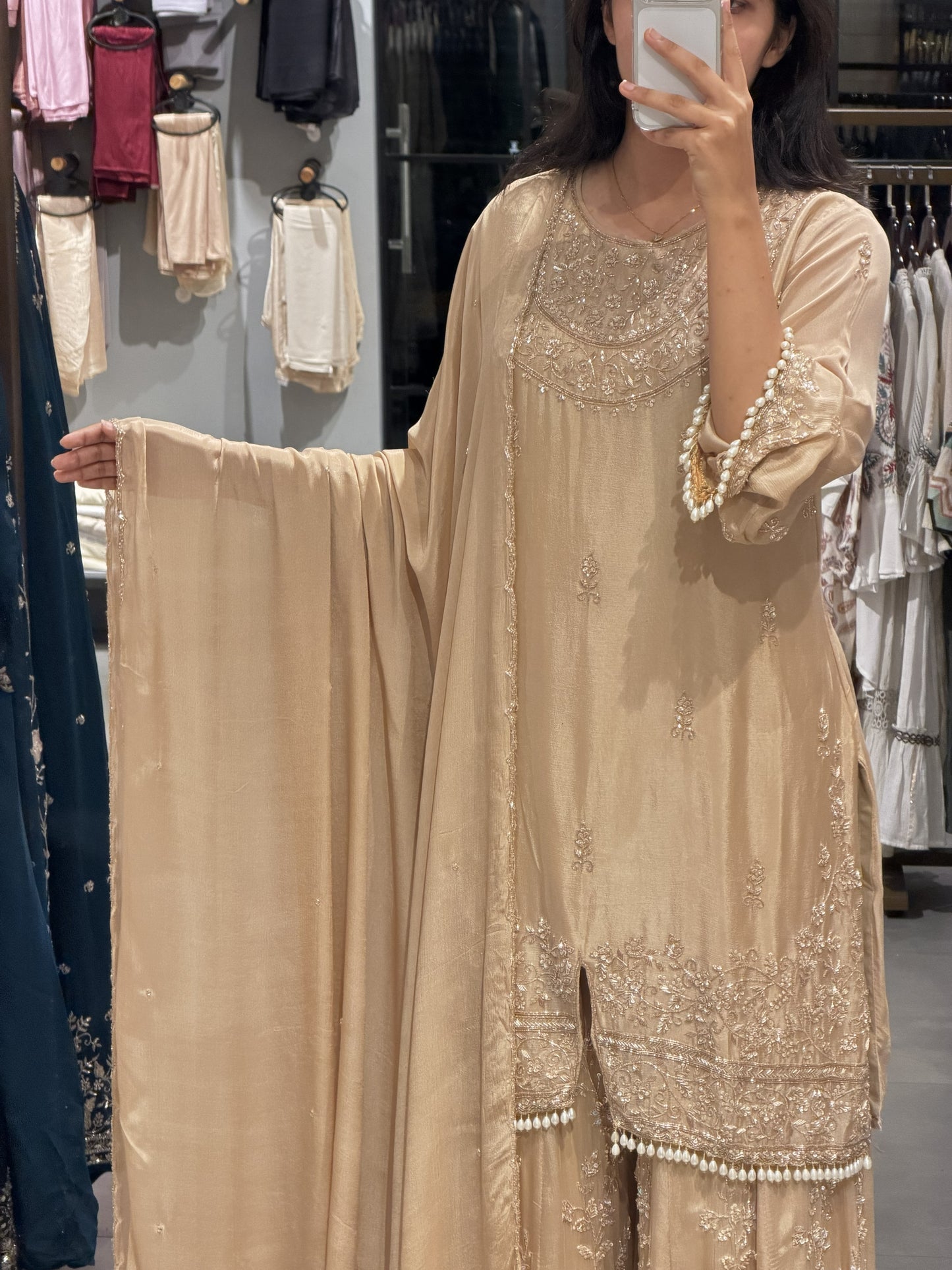 Chinnon Silk Pearl Work Sharara Set with Dupatta