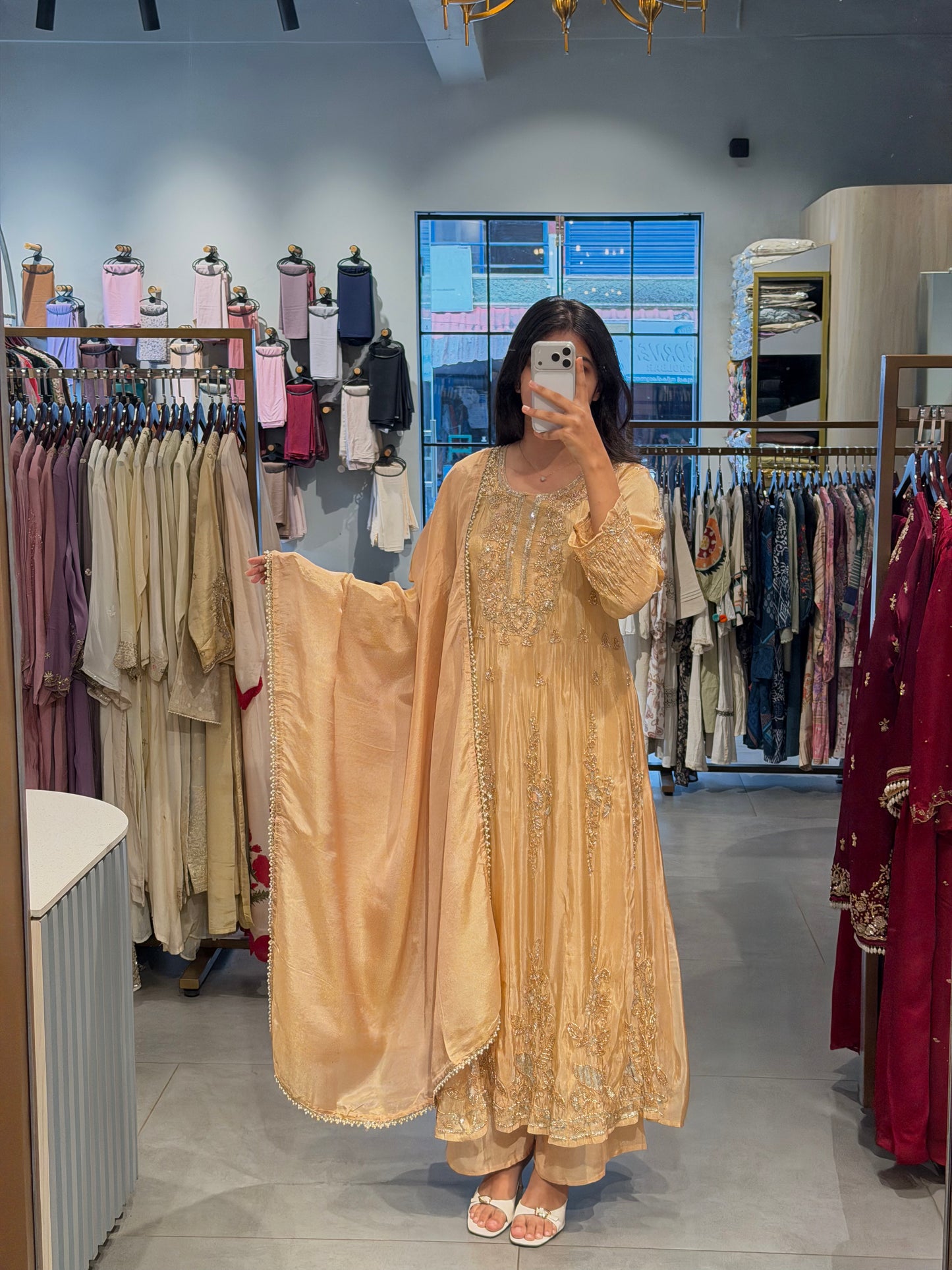 Golden Peach Tissue Silk Anarkali