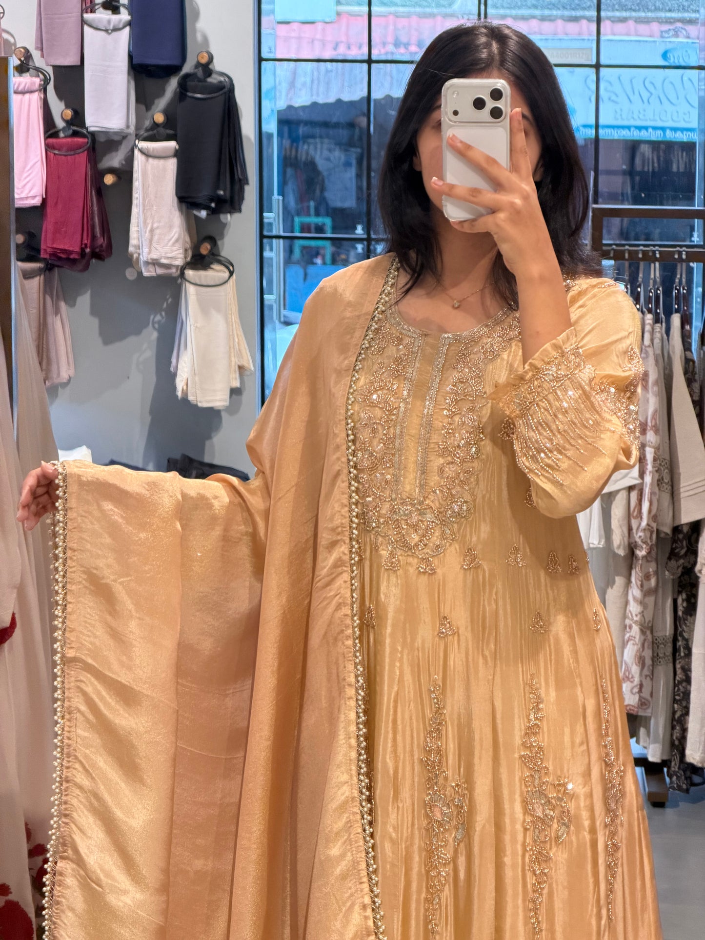 Golden Peach Tissue Silk Anarkali
