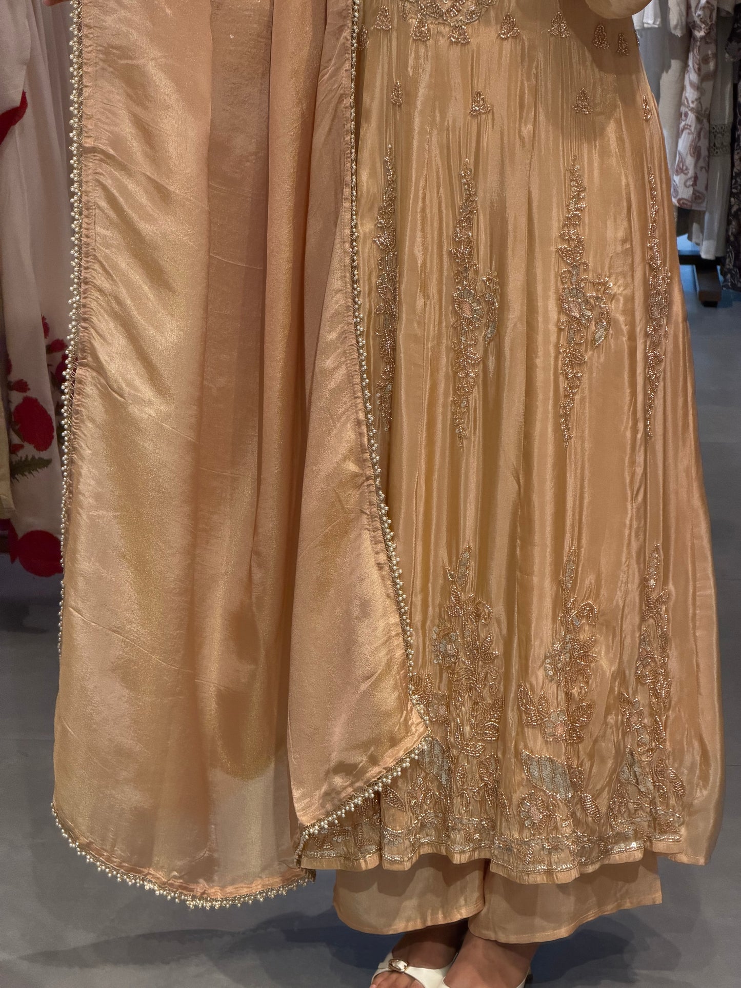 Golden Peach Tissue Silk Anarkali