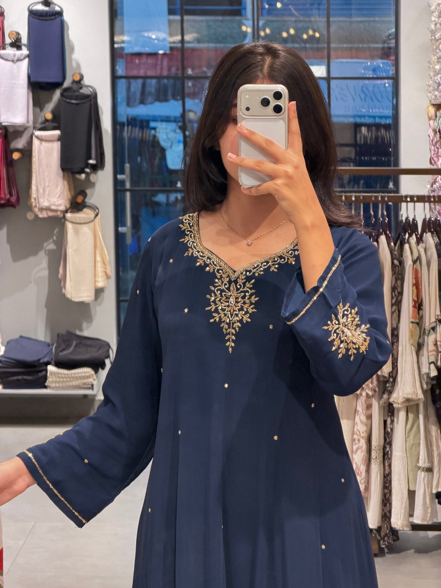 Navy Blue Embroidered Georgette Kurta Set