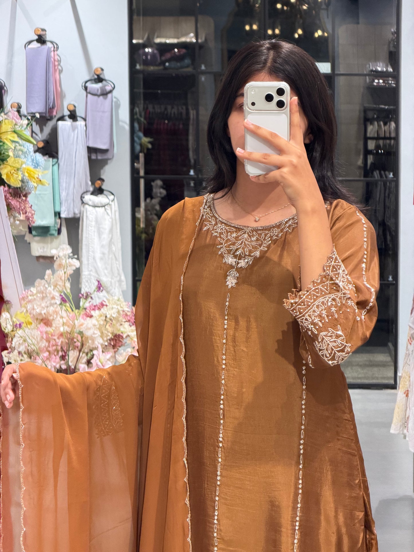 Mocha Brown Uppada Silk Embroidered Sharara  Set