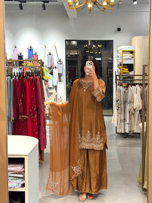 Mocha Brown Uppada Silk Embroidered Sharara  Set