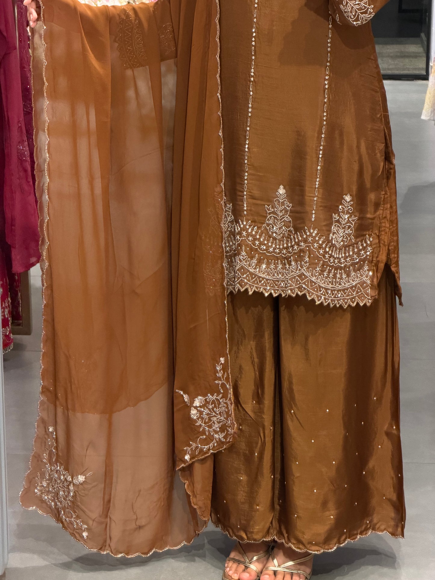 Mocha Brown Uppada Silk Embroidered Sharara  Set