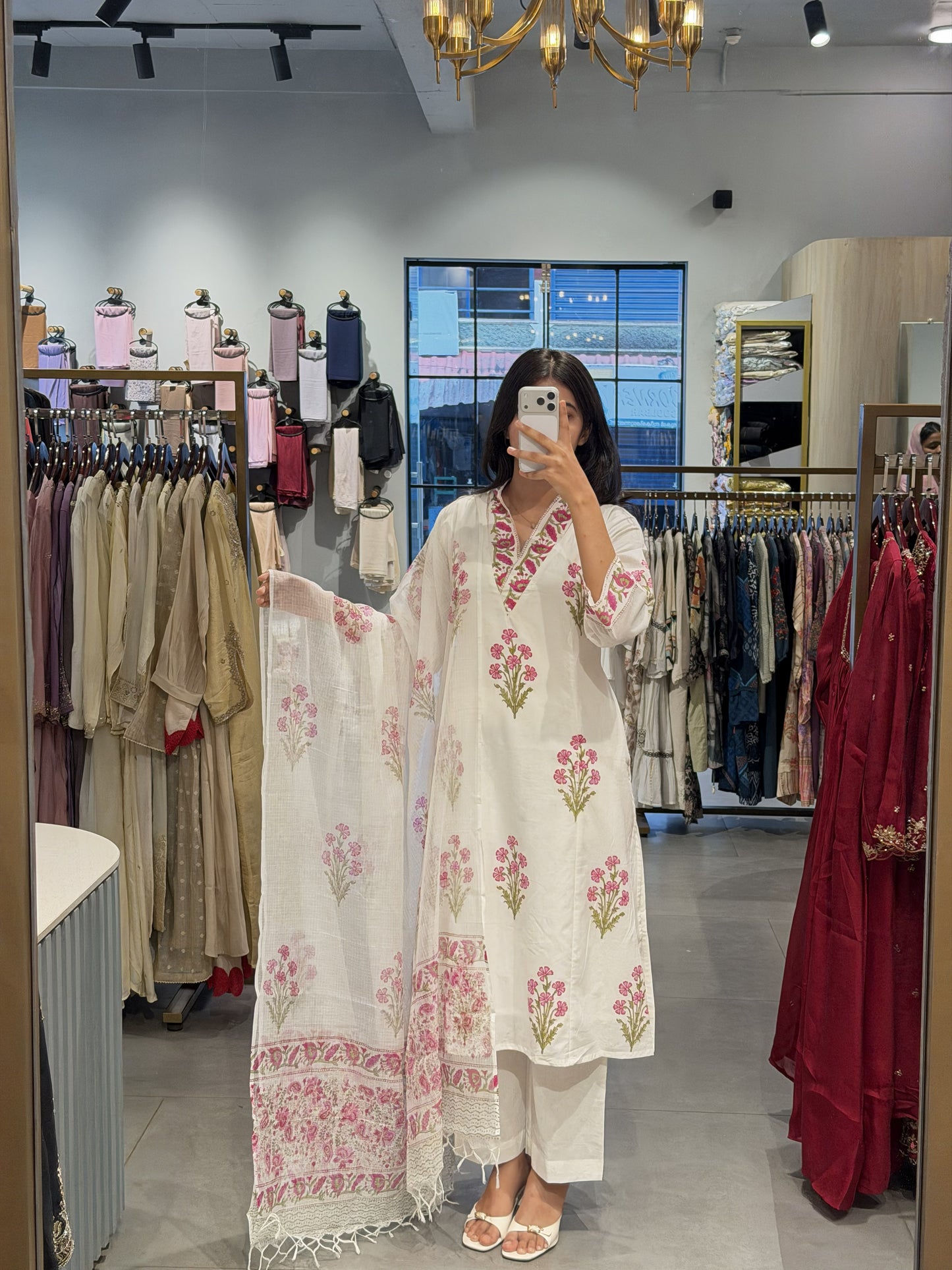 Premium White Floral Cotton Suit
