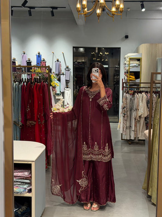 Wine Maroon Uppada Silk Embroidered Sharara  Set