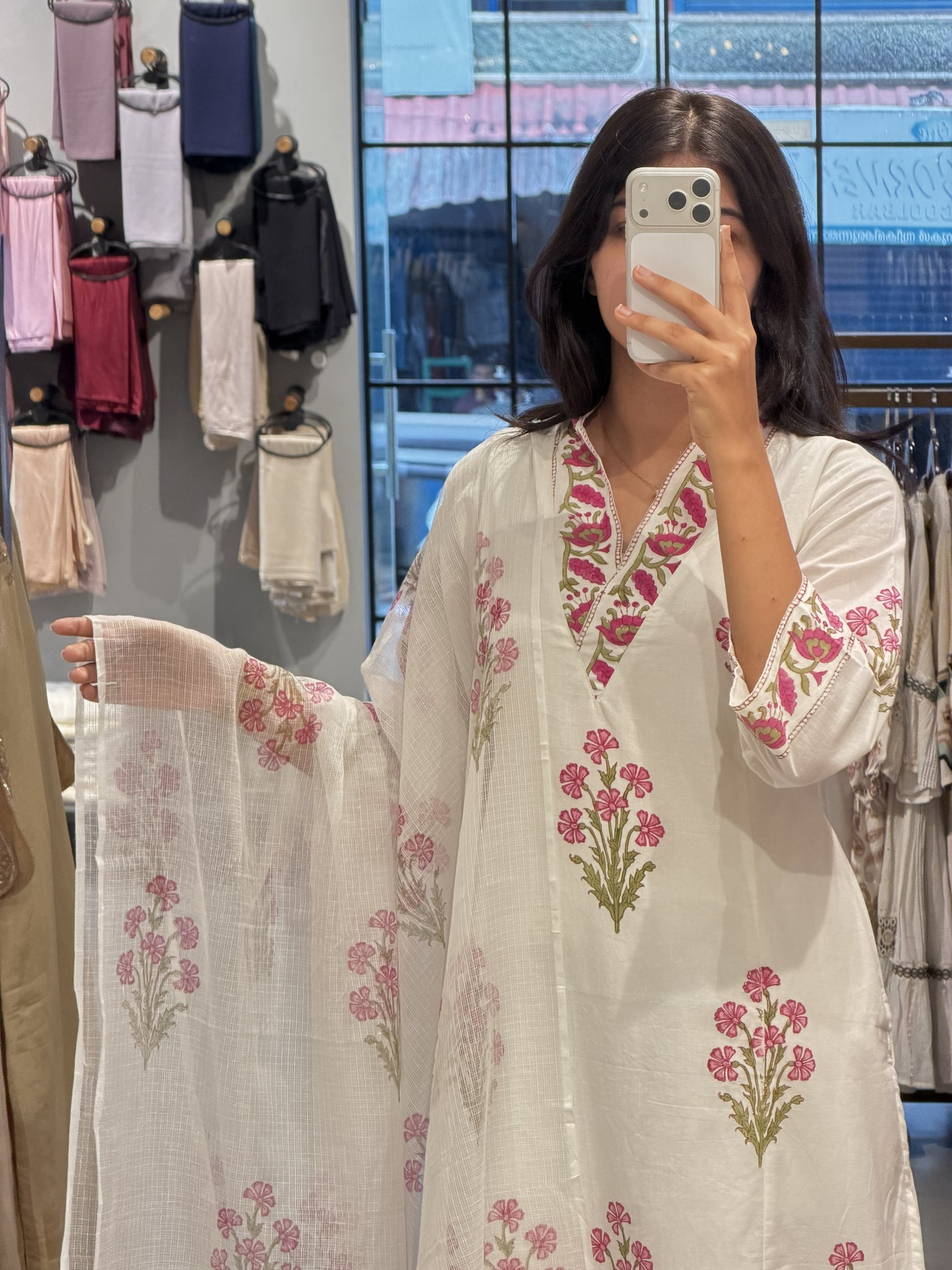 Premium White Floral Cotton Suit