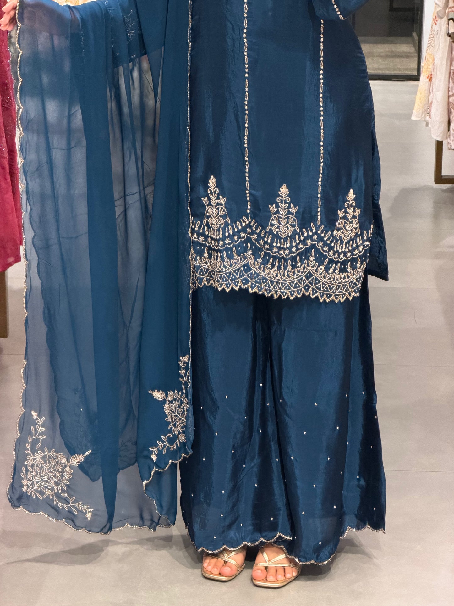 Navy Blue Uppada Silk Embroidered Sharara  Set