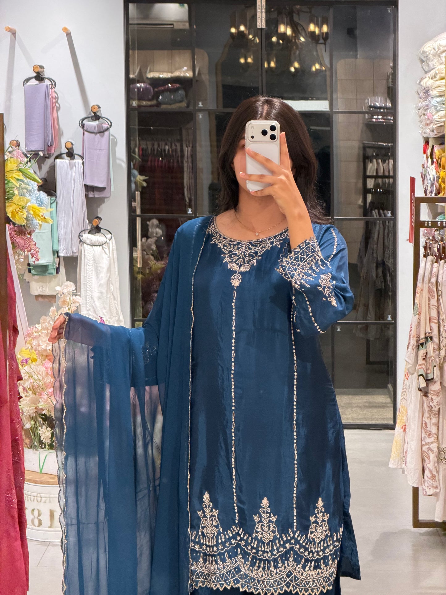 Navy Blue Uppada Silk Embroidered Sharara  Set