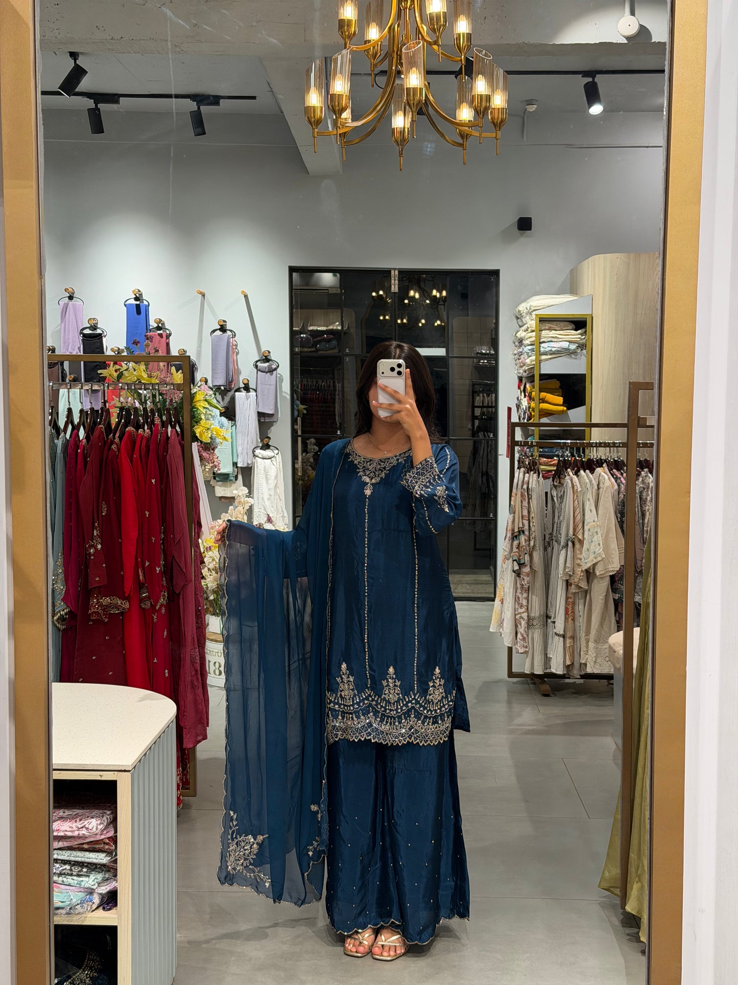 Navy Blue Uppada Silk Embroidered Sharara  Set