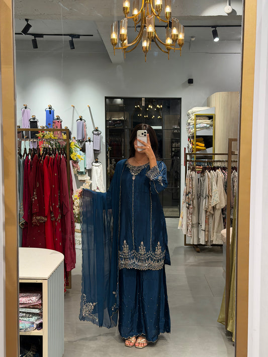 Navy Blue Uppada Silk Embroidered Sharara  Set