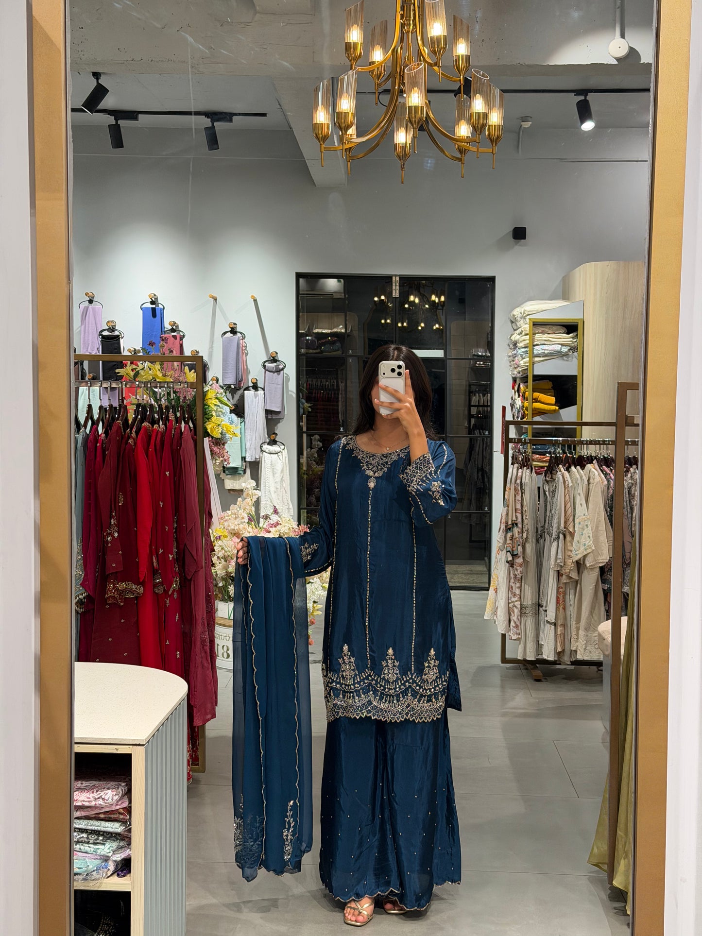 Navy Blue Uppada Silk Embroidered Sharara  Set