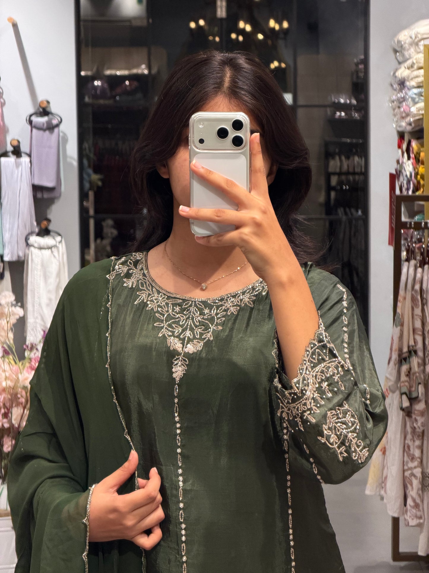 Deep Olive Green Uppada Silk Embroidered Sharara  Set