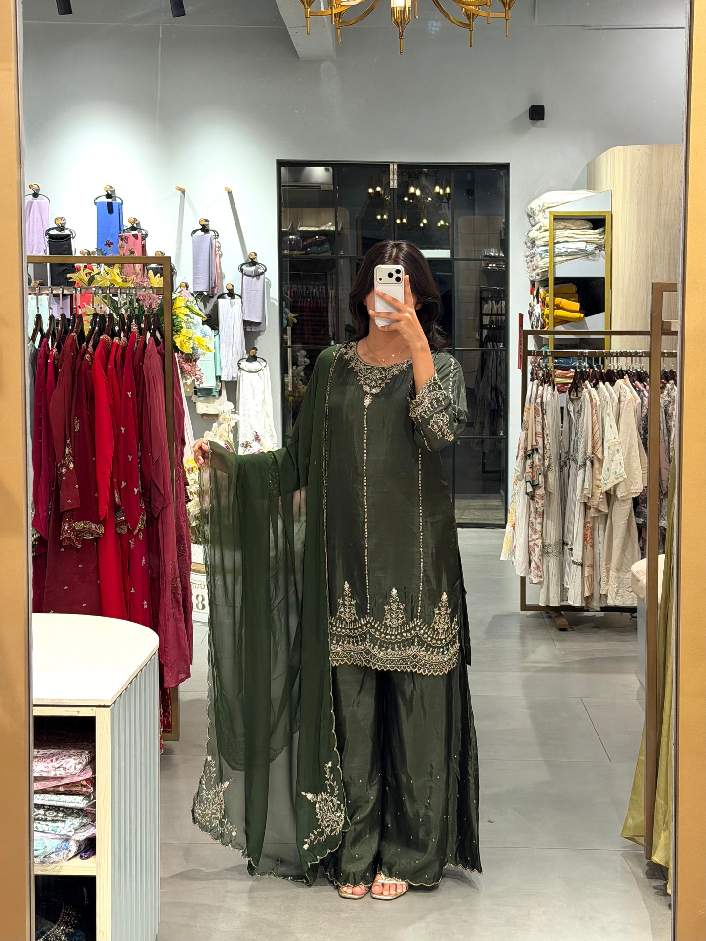 Deep Olive Green Uppada Silk Embroidered Sharara  Set