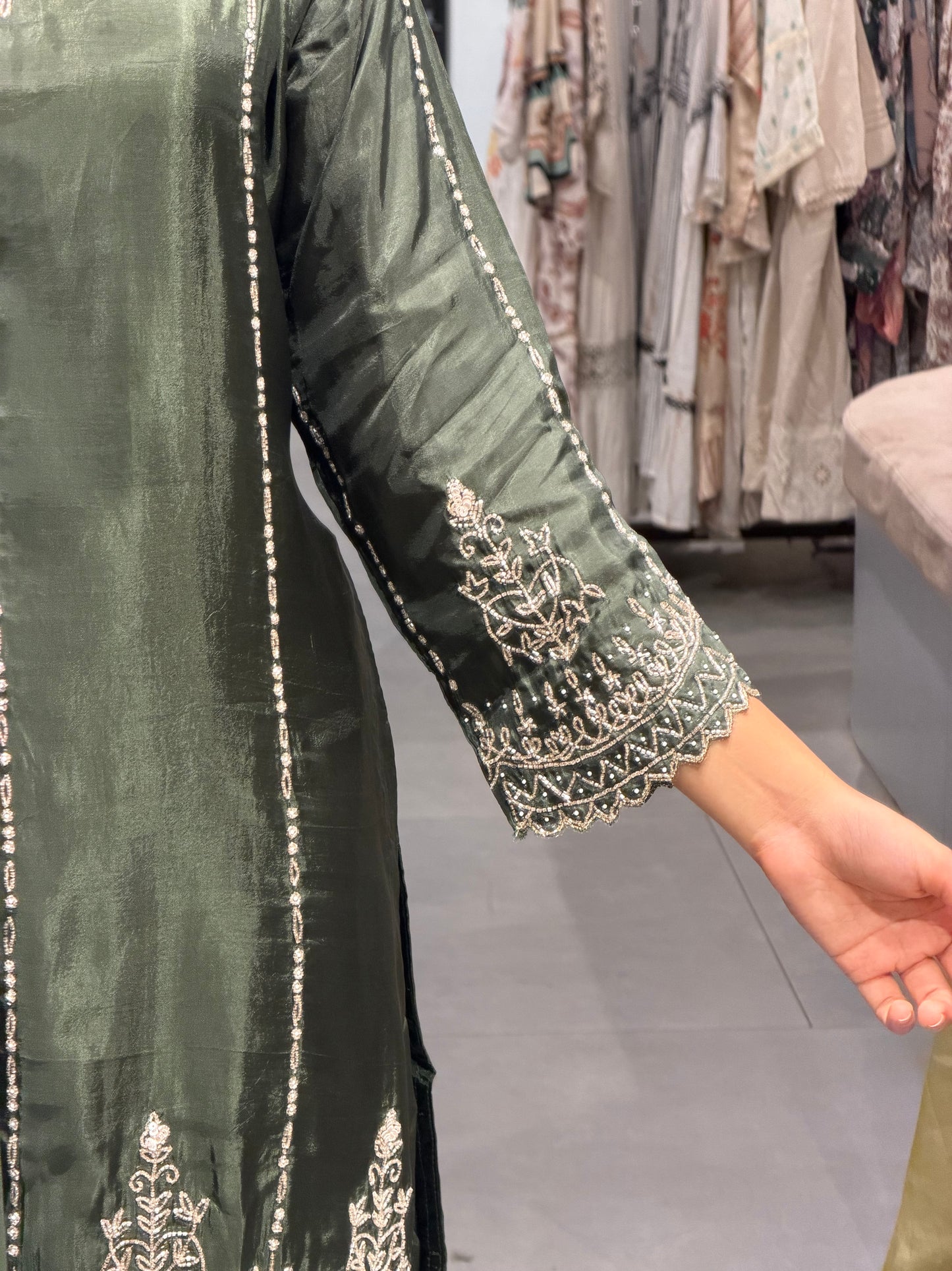 Deep Olive Green Uppada Silk Embroidered Sharara  Set