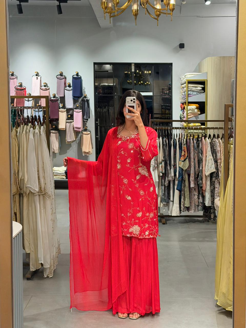 Bright Red Stonework Sharara Set