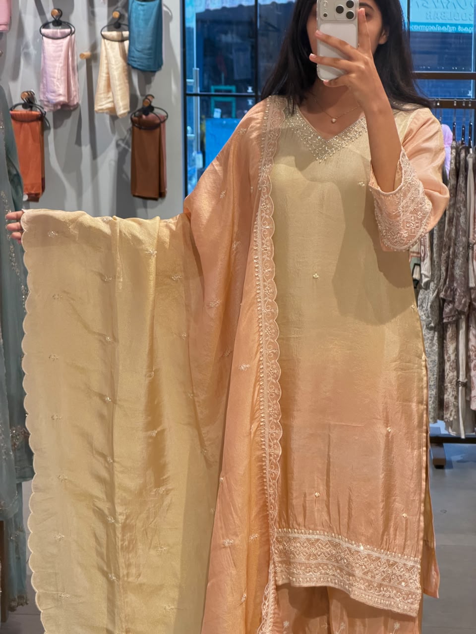 Peach & Pastel Yellow Chanderi silk party Wear