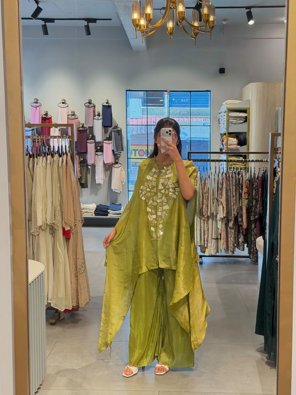 Olive green Tissue silk Kaftan Set