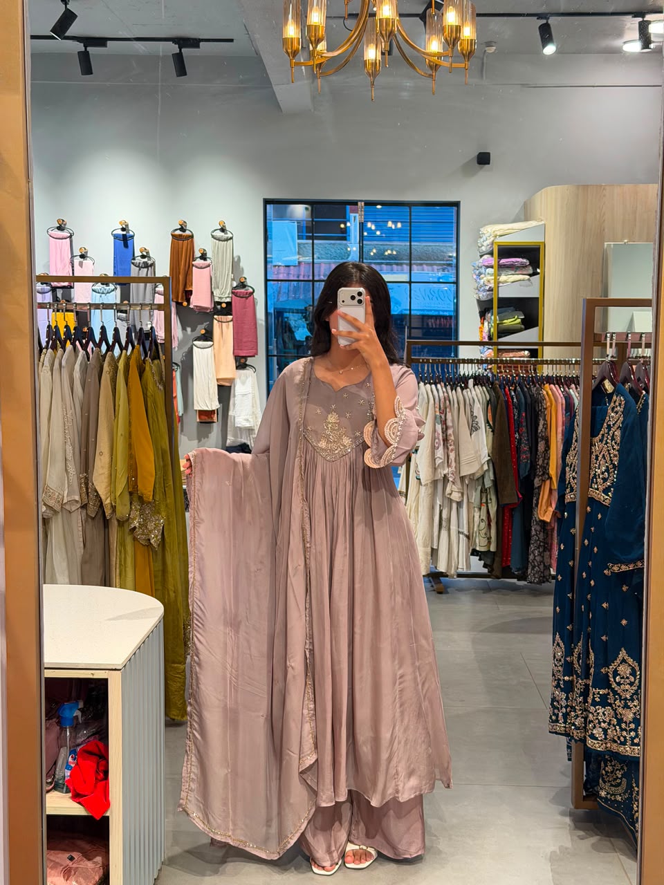 Mauve Embroidered Soft Organza Anarkali set