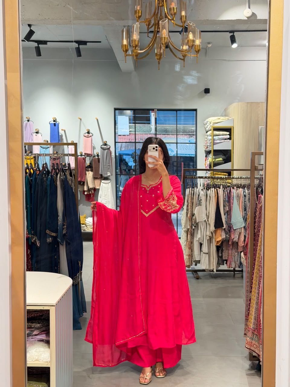 Rani Pink Chanderi Silk Anarkali Set