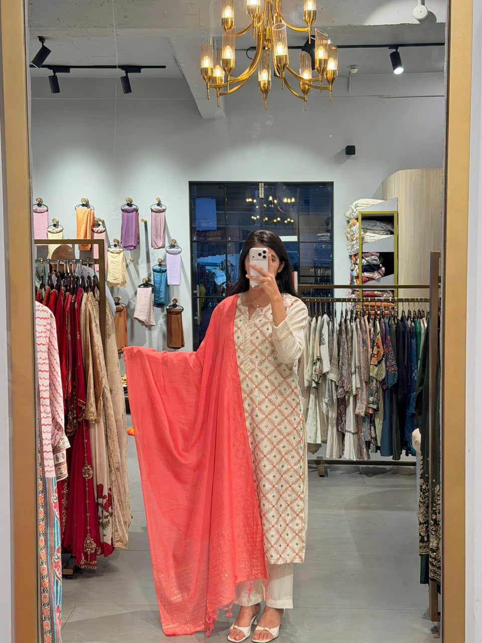 Chanderi Silk Elegance with Coral Pink Dupatta ✨