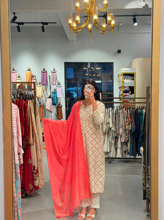 Chanderi Silk Elegance with Coral Pink Dupatta ✨