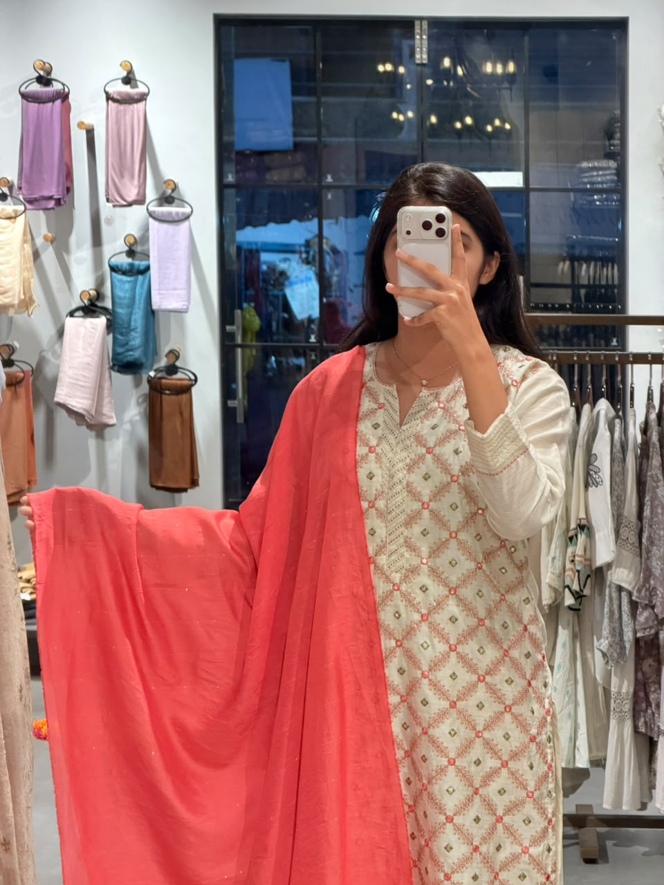 Chanderi Silk Elegance with Coral Pink Dupatta ✨