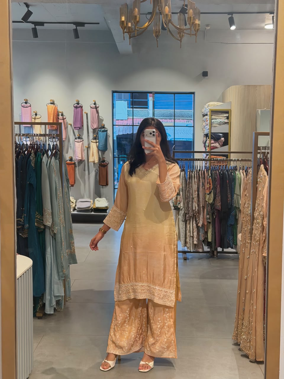 Peach & Pastel Yellow Chanderi silk party Wear