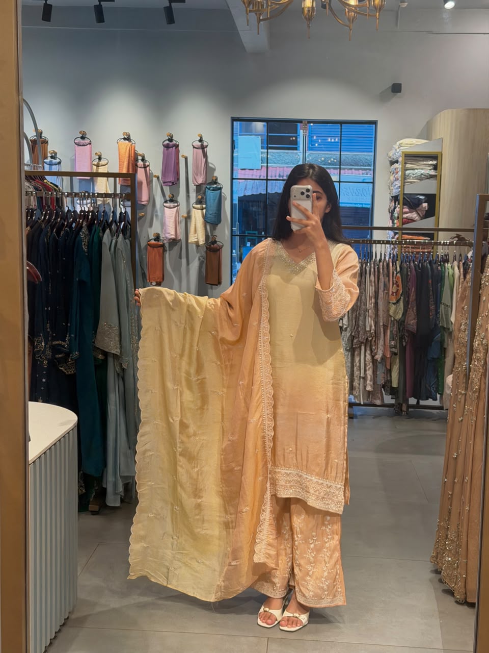 Peach & Pastel Yellow Chanderi silk party Wear