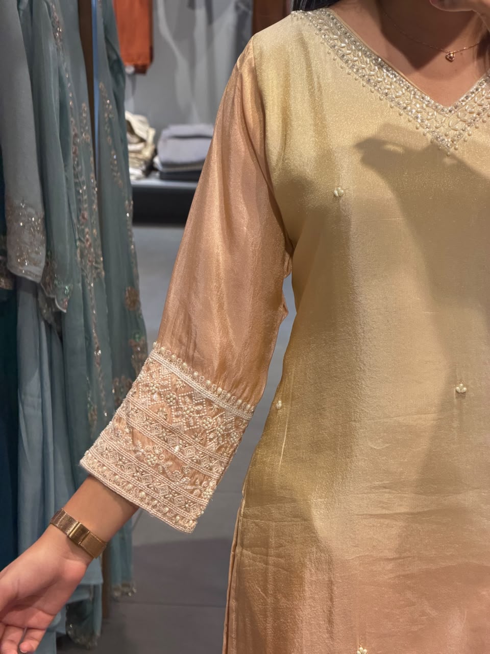 Peach & Pastel Yellow Chanderi silk party Wear