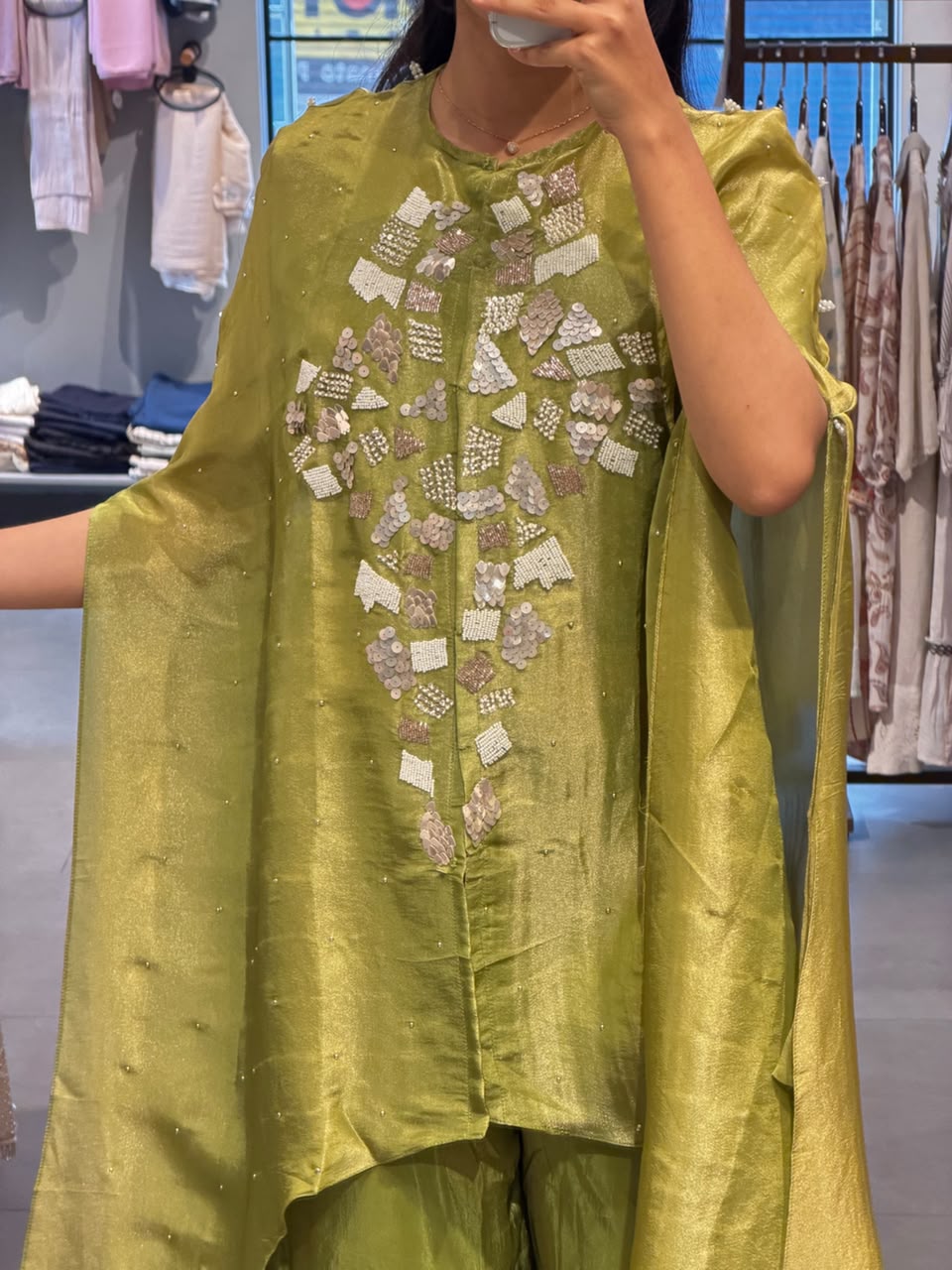 Olive green Tissue silk Kaftan Set