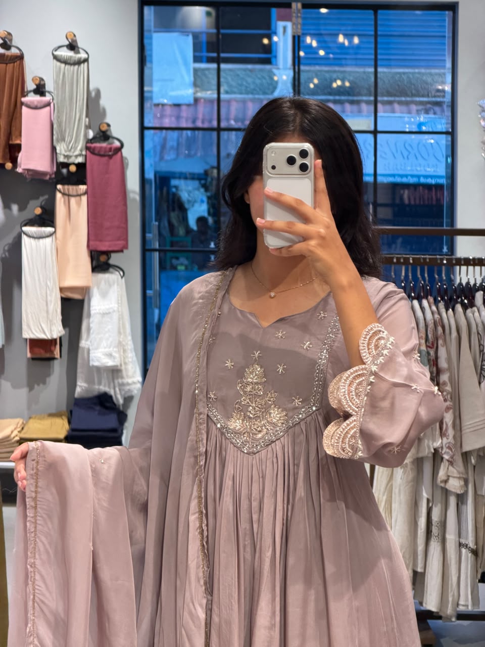 Mauve Embroidered Soft Organza Anarkali set