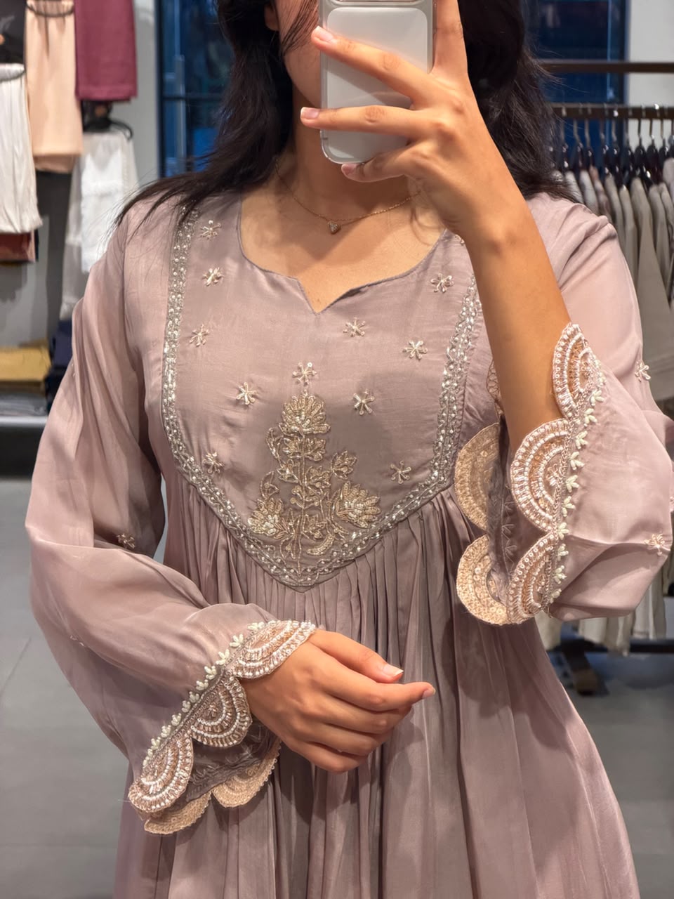 Mauve Embroidered Soft Organza Anarkali set