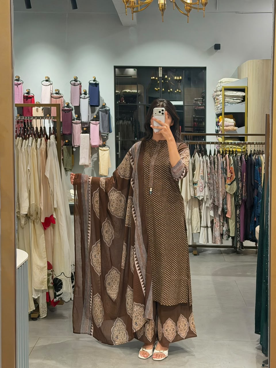 BROWN Printed Cotton Suit Set