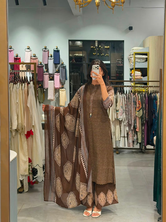 BROWN Printed Cotton Suit Set