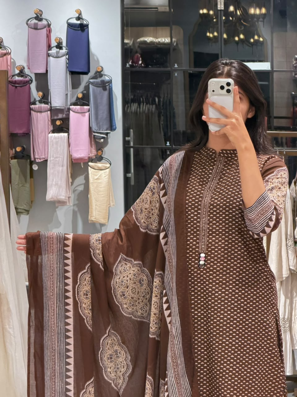 BROWN Printed Cotton Suit Set