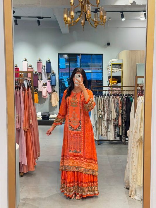 Elegant chinnon silk vibrant orange Gown
